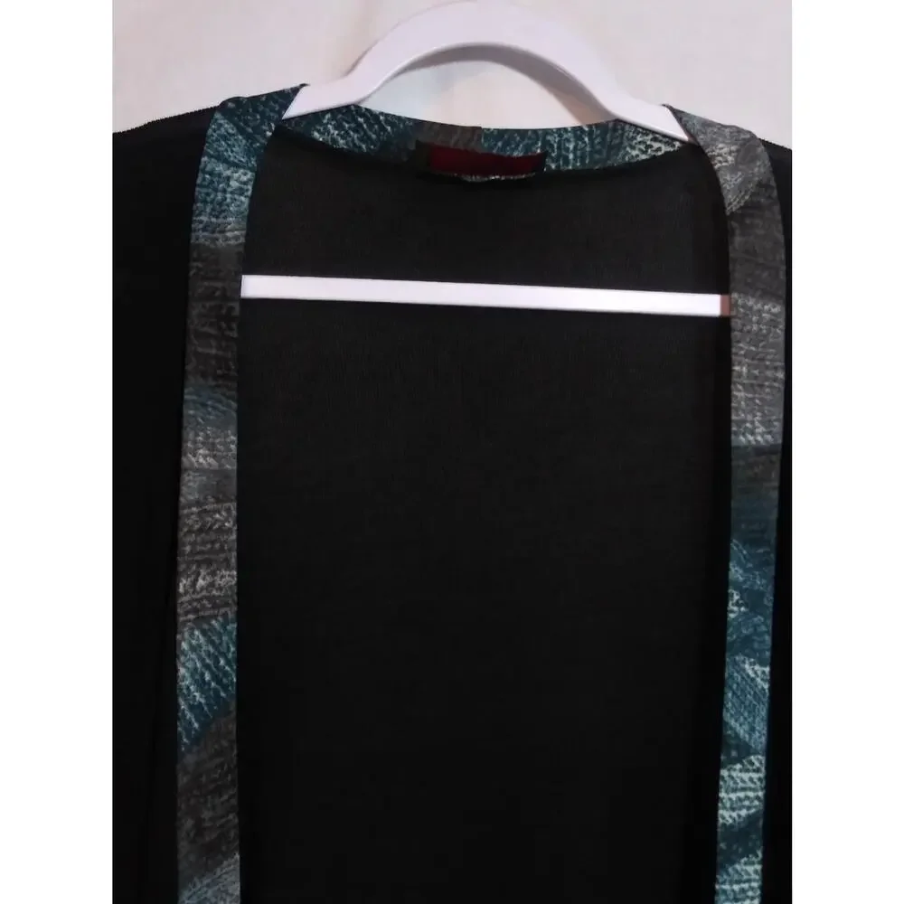 Verda Long Black Open Front Longline Cardigan with Teal Trim Turkish Size XXL